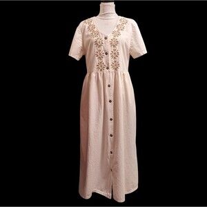 CACTUS CALIFORNIA Cream Button-Down Maxi Dress Gold Beading Heavy Cotton Medium